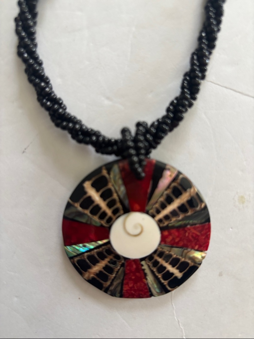 Source Unknown Black Beaded Necklace with Red, Green and Ivory Inlay Pendant - Picture 4 of 6